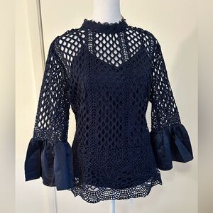 Dolce Cabo Elegant Navy Lace Blouse with Satin Cuff